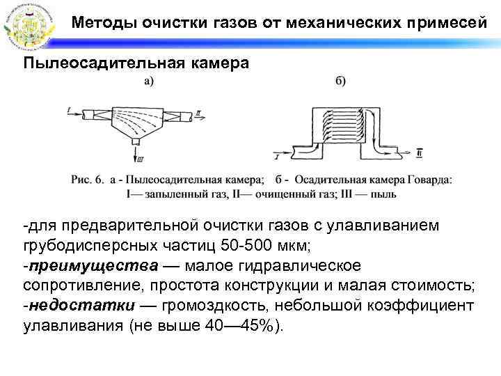 Методы очистки газов от механических примесей Пылеосадительная камера -для предварительной очистки газов с улавливанием