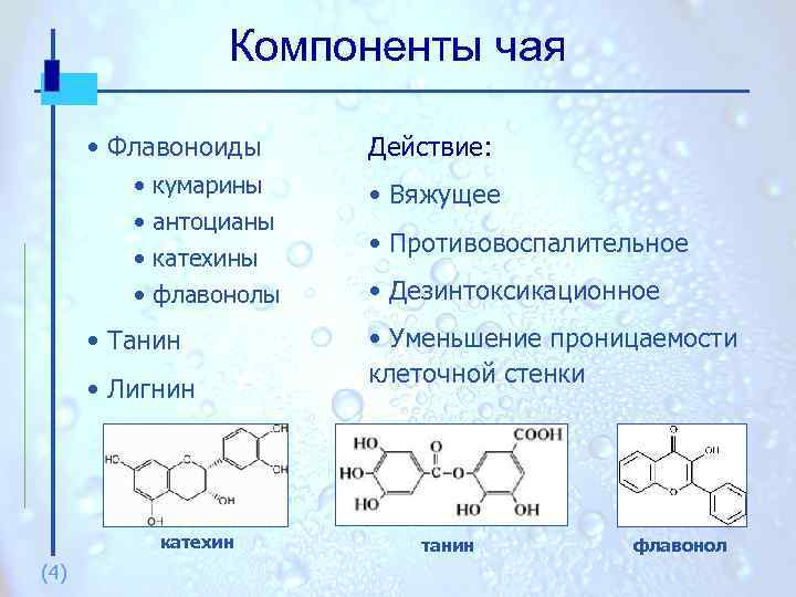 Компоненты чая • Флавоноиды • • кумарины антоцианы катехины • Вяжущее флавонолы • Дезинтоксикационное