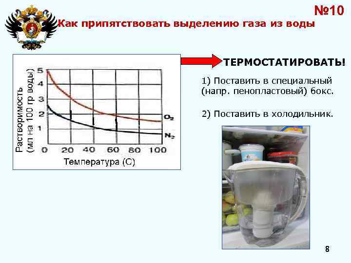 № 10 Как припятствовать выделению газа из воды ТЕРМОСТАТИРОВАТЬ! 1) Поставить в специальный (напр.