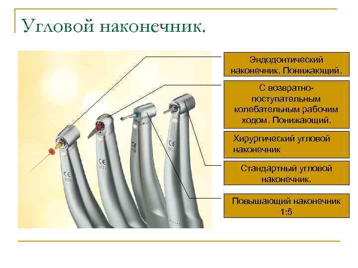 Угловой наконечник. Эндодонтический наконечник. Понижающий. С возвратнопоступательным колебательным рабочим ходом. Понижающий. Хирургический угловой наконечник