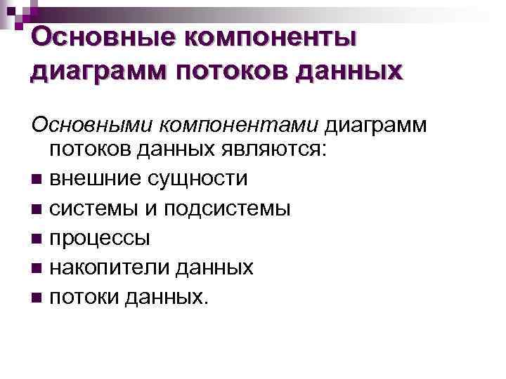 Основные компоненты диаграмм потоков данных Основными компонентами диаграмм потоков данных являются: n внешние сущности