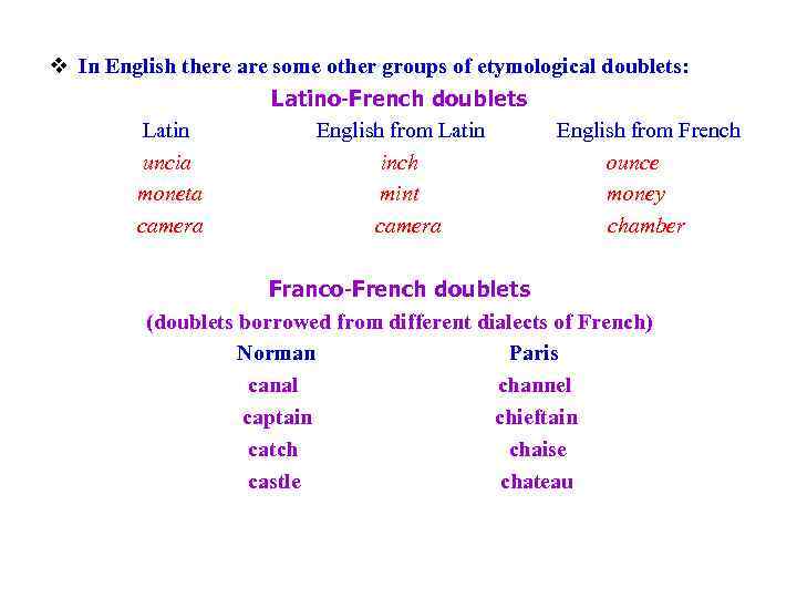 v In English there are some other groups of etymological doublets: Latino-French doublets Latin