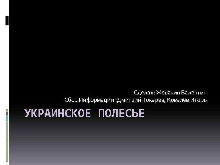 Сделал: Жевакин Валентин Сбор Информации : Дмитрий Токарев, Ковалёв Игорь УКРАИНСКОЕ ПОЛЕСЬЕ 