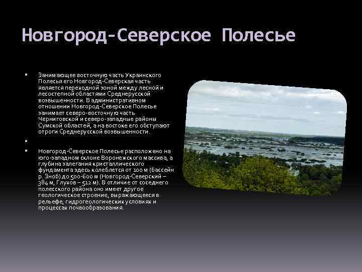 Новгород-Северское Полесье Занимающее восточную часть Украинского Полесья его Новгород-Северская часть является переходной зоной между