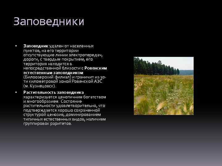 Заповедники Заповедник удален от населенных пунктов, на его территории отсутствующие линии электропередач, дороги, с
