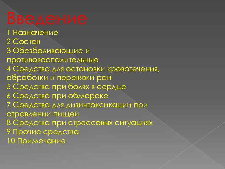 Введение 1 Назначение 2 Состав 3 Обезболивающие и противовоспалительные 4 Средства для остановки кровотечения,