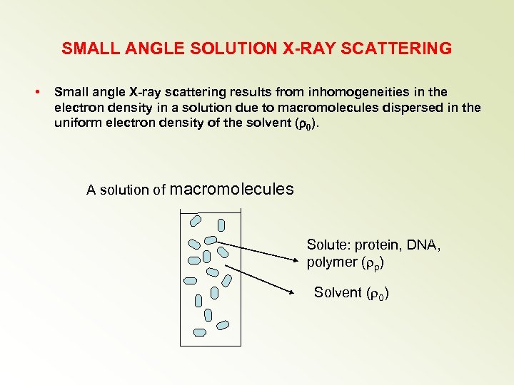 SMALL ANGLE SOLUTION X-RAY SCATTERING • Small angle X-ray scattering results from inhomogeneities in