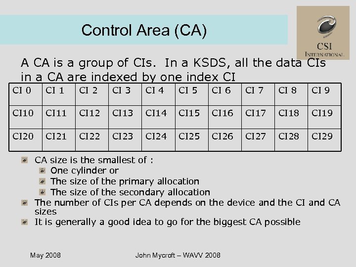 Control Area (CA) A CA is a group of CIs. In a KSDS, all