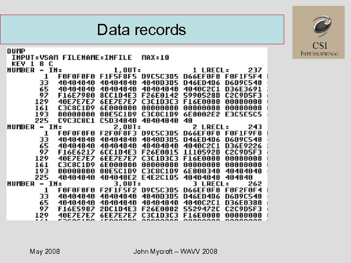 Data records May 2008 John Mycroft – WAVV 2008 