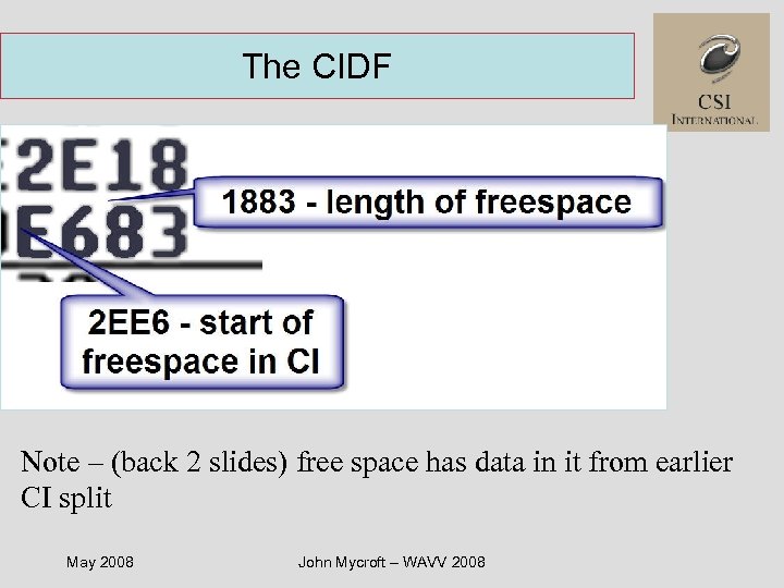 The CIDF Note – (back 2 slides) free space has data in it from