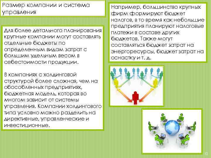 Размер компании и система управления Для более детального планирования крупные компании могут составлять отдельные