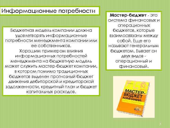 Информационные потребности Бюджетная модель компании должна удовлетворять информационные потребности менеджмента компании или ее собственников.