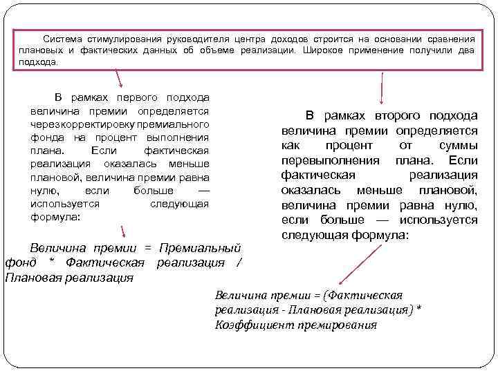 Система стимулирования руководителя центра доходов строится на основании сравнения плановых и фактических данных об