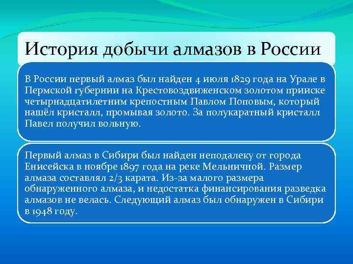 История добычи алмазов в России В России первый алмаз был найден 4 июля 1829
