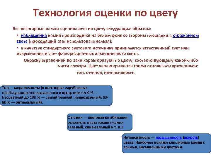 Технология оценки по цвету Все ювелирные камни оцениваются по цвету следующим образом: • наблюдение