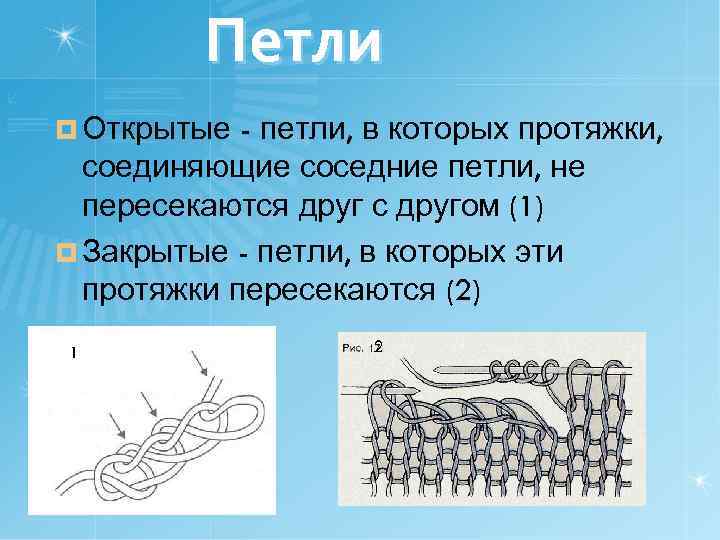 Петли ¤ Открытые - петли, в которых протяжки, соединяющие соседние петли, не пересекаются друг