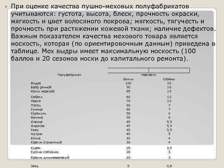  При оценке качества пушно-меховых полуфабрикатов учитываются: густота, высота, блеск, прочность окраски, мягкость и