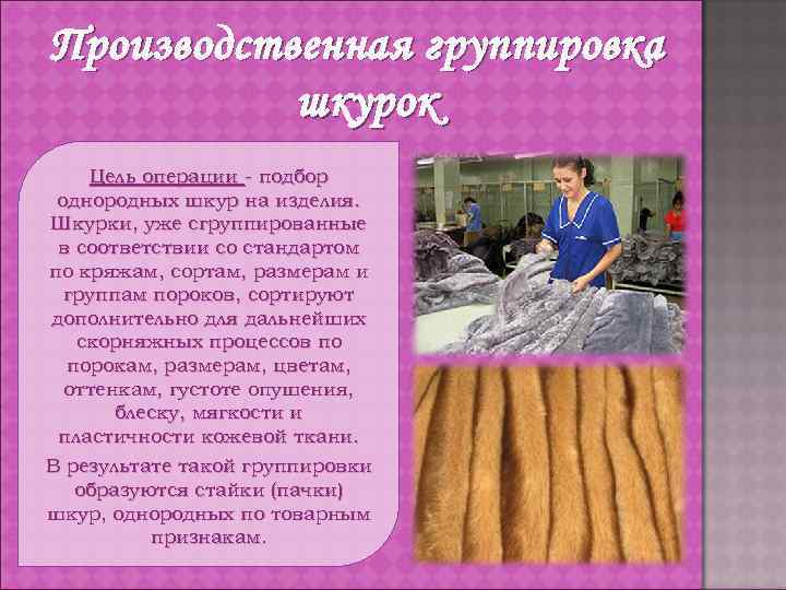 Производственная группировка шкурок Цель операции - подбор однородных шкур на изделия. Шкурки, уже сгруппированные
