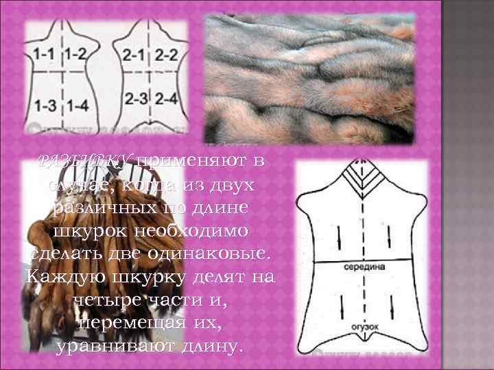РАЗБИВКУ применяют в случае, когда из двух различных по длине шкурок необходимо сделать две