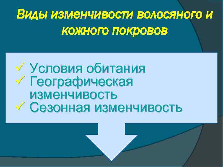 Виды изменчивости волосяного и кожного покровов ü Условия обитания ü Географическая изменчивость ü Сезонная