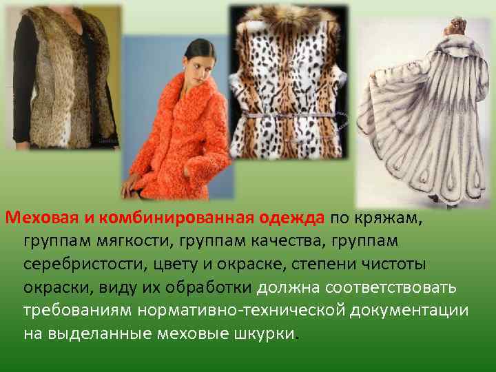 Меховая и комбинированная одежда по кряжам, группам мягкости, группам качества, группам серебристости, цвету и