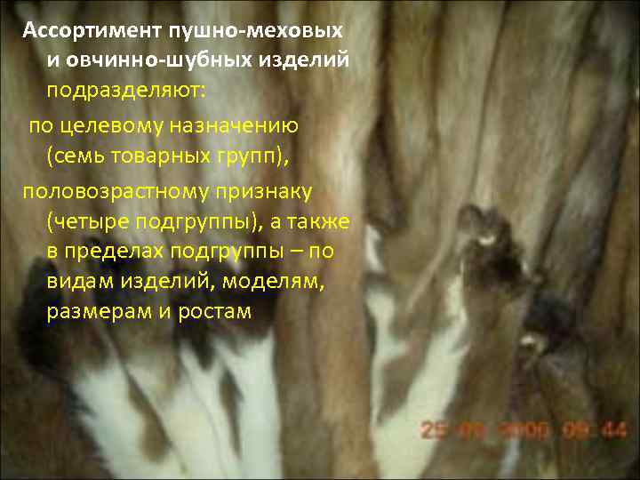 Ассортимент пушно-меховых и овчинно-шубных изделий подразделяют: по целевому назначению (семь товарных групп), половозрастному признаку