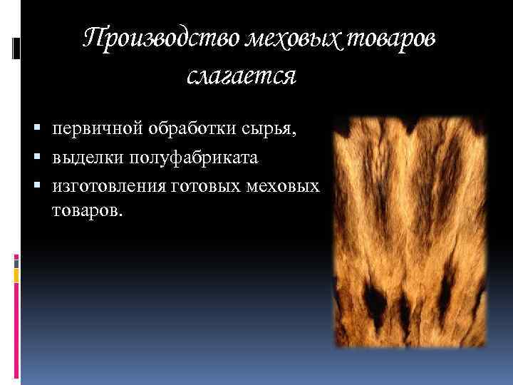 Производство меховых товаров слагается из первичной обработки сырья, выделки полуфабриката изготовления готовых меховых товаров.