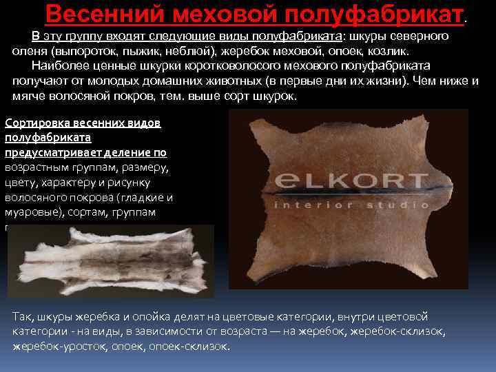 Весенний меховой полуфабрикат . В эту группу входят следующие виды полуфабриката: шкуры северного оленя