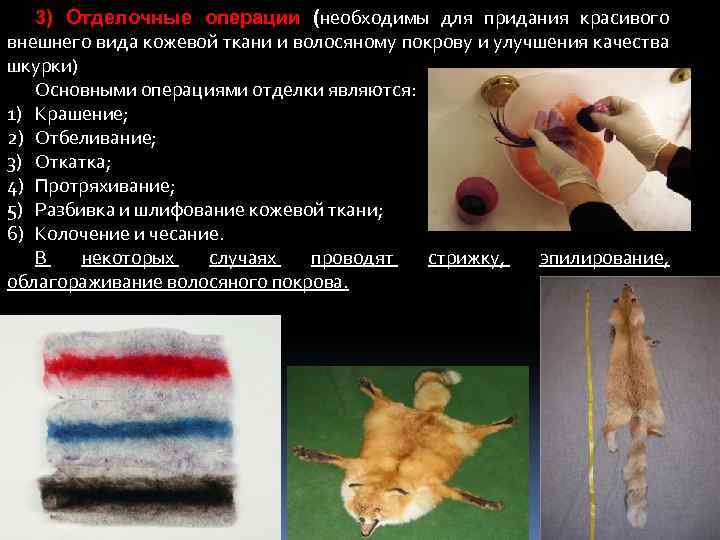 3) Отделочные операции (необходимы для придания красивого внешнего вида кожевой ткани и волосяному покpовy