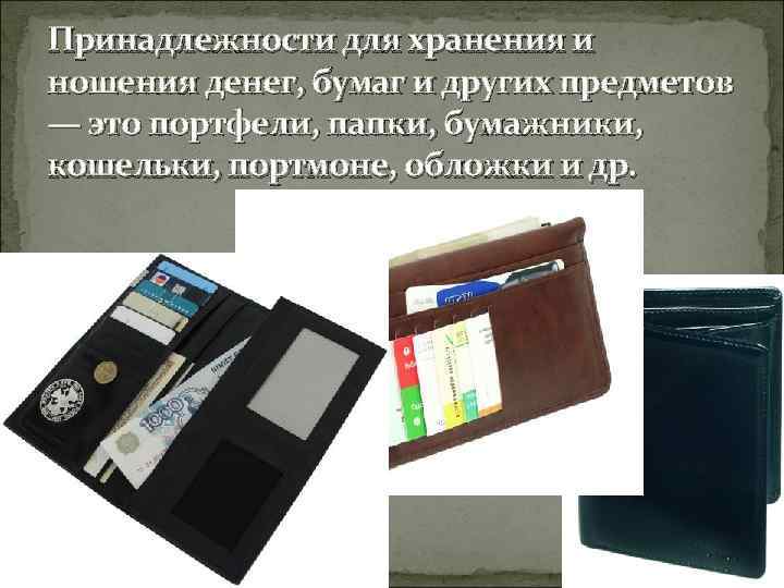 Принадлежности для хранения и ношения денег, бумаг и других предметов — это портфели, папки,