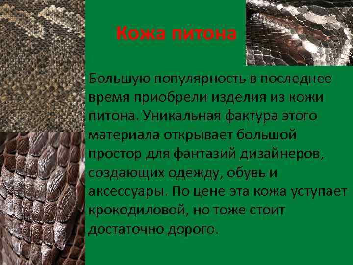 Кожа питона • Большую популярность в последнее время приобрели изделия из кожи питона. Уникальная