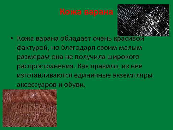 Кожа варана • Кожа варана обладает очень красивой фактурой, но благодаря своим малым размерам