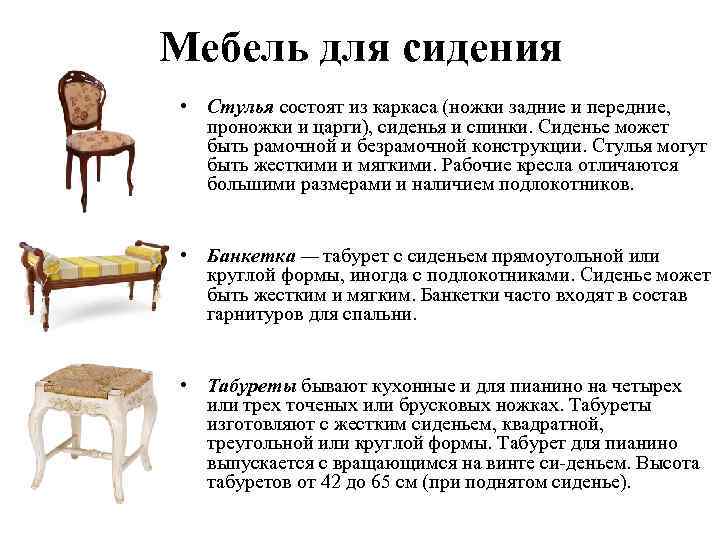 Почему размеры готовой мебели. Предметы мебели для сидения. Мебель для сидения ассортимент. Ассортимент мебели для сидения и лежания. Из чего состоит стул.