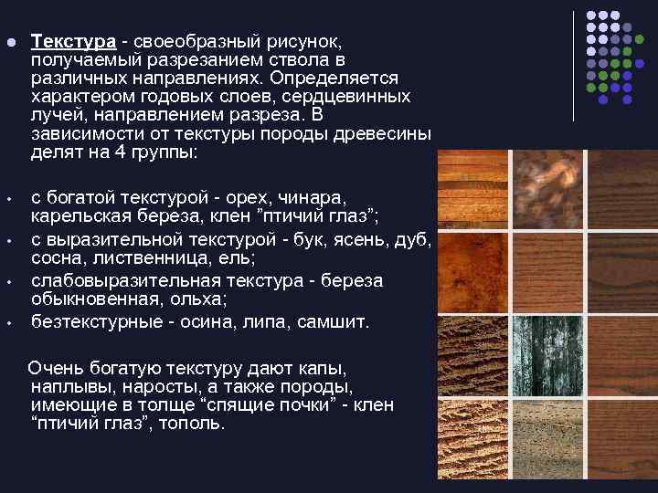 l Текстура - своеобразный рисунок, получаемый разрезанием ствола в различных направлениях. Определяется характером годовых