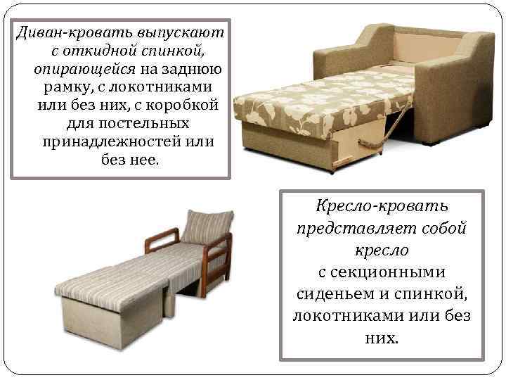 Диван-кровать выпускают с откидной спинкой, опирающейся на заднюю рамку, с локотниками или без них,