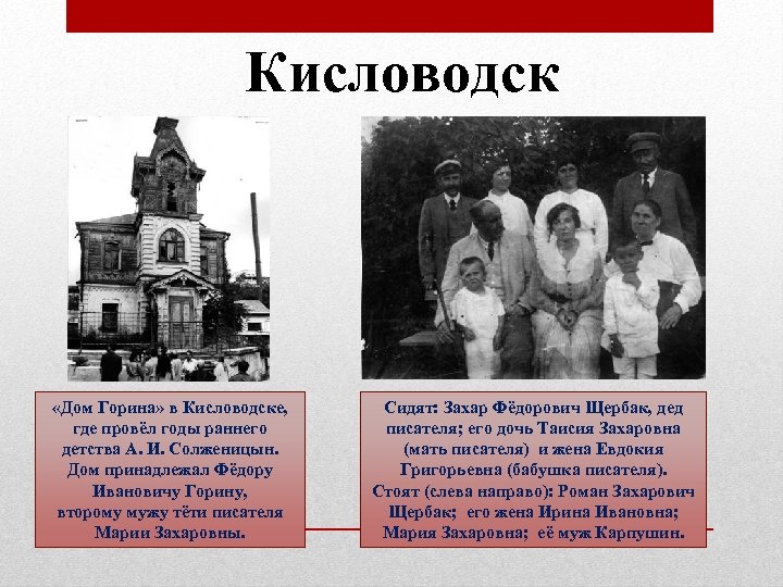Кисловодск «Дом Горина» в Кисловодске, где провёл годы раннего детства А. И. Солженицын. Дом