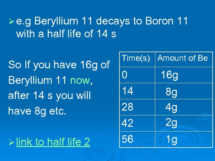 Ø e. g Beryllium 11 decays to Boron 11 with a half life of