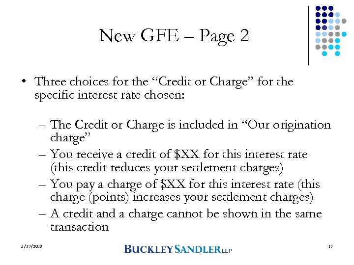 New GFE – Page 2 • Three choices for the “Credit or Charge” for