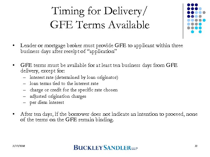 Timing for Delivery/ GFE Terms Available • Lender or mortgage broker must provide GFE