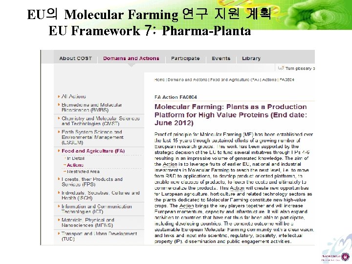 EU의 Molecular Farming 연구 지원 계획 EU Framework 7: Pharma-Planta 