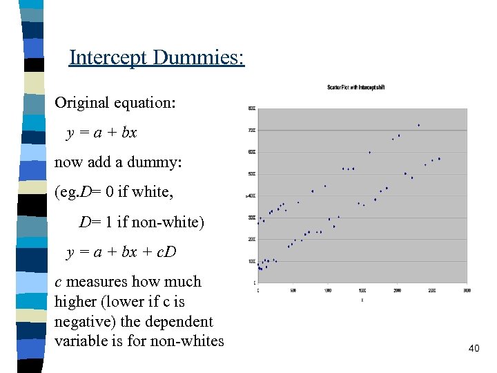 Intercept Dummies: Original equation: y = a + bx now add a dummy: (eg.