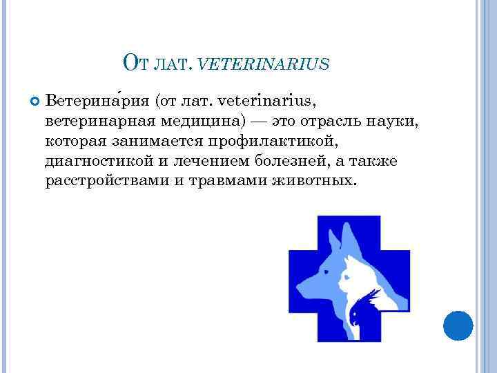 ОТ ЛАТ. VETERINARIUS Ветерина рия (от лат. veterinarius, ветеринарная медицина) — это отрасль науки,