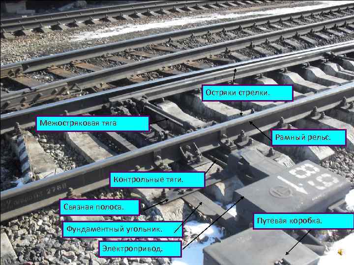Остряки стрелки. Межостряковая тяга Рамный рельс. Контрольные тяги. Связная полоса. Фундаментный угольник. Электропривод. Путевая