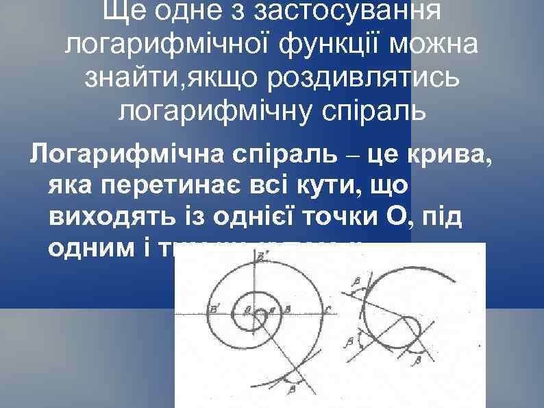 Ще одне з застосування логарифмічної функції можна знайти, якщо роздивлятись логарифмічну спіраль Логарифмічна спіраль