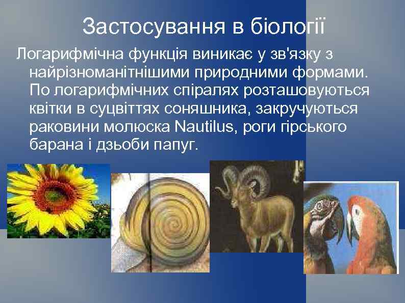 Застосування в біології Логарифмічна функція виникає у зв'язку з найрізноманітнішими природними формами. По логарифмічних