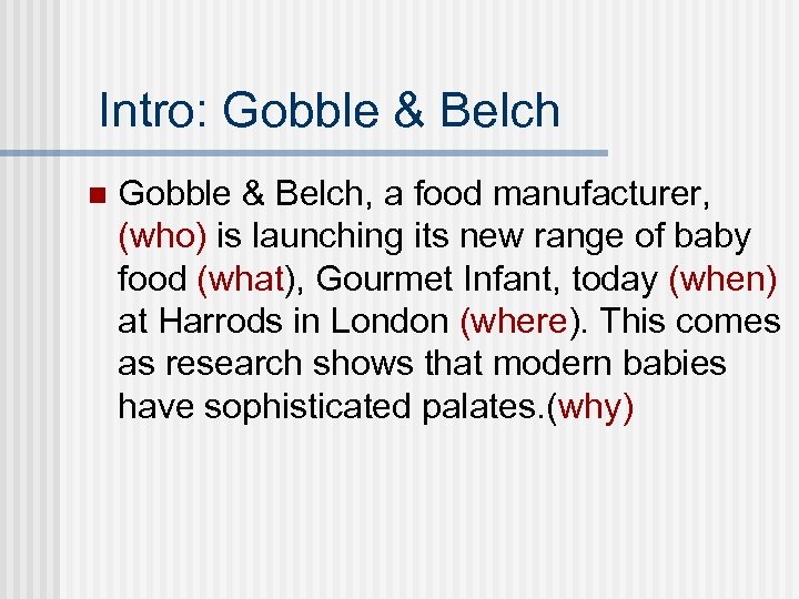 Intro: Gobble & Belch n Gobble & Belch, a food manufacturer, (who) is launching