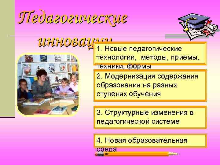 1. Новые педагогические технологии, методы, приемы, техники, формы 2. Модернизация содержания образования на разных