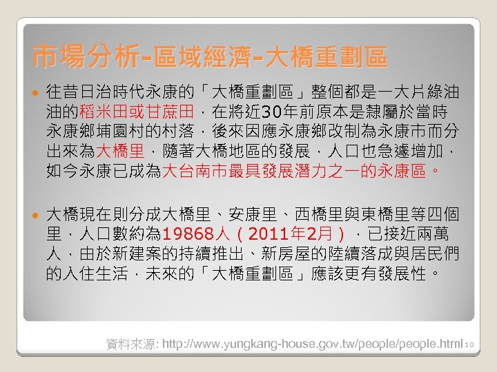 市場分析-區域經濟-大橋重劃區 往昔日治時代永康的「大橋重劃區」整個都是一大片綠油 油的稻米田或甘蔗田，在將近 30年前原本是隸屬於當時 永康鄉埔園村的村落，後來因應永康鄉改制為永康市而分 出來為大橋里，隨著大橋地區的發展，人口也急遽增加， 如今永康已成為大台南市最具發展潛力之一的永康區。 大橋現在則分成大橋里、安康里、西橋里與東橋里等四個 里，人口數約為 19868人（2011年 2月），已接近兩萬 人，由於新建案的持續推出、新房屋的陸續落成與居民們 的入住生活，未來的「大橋重劃區」應該更有發展性。 資料來源: