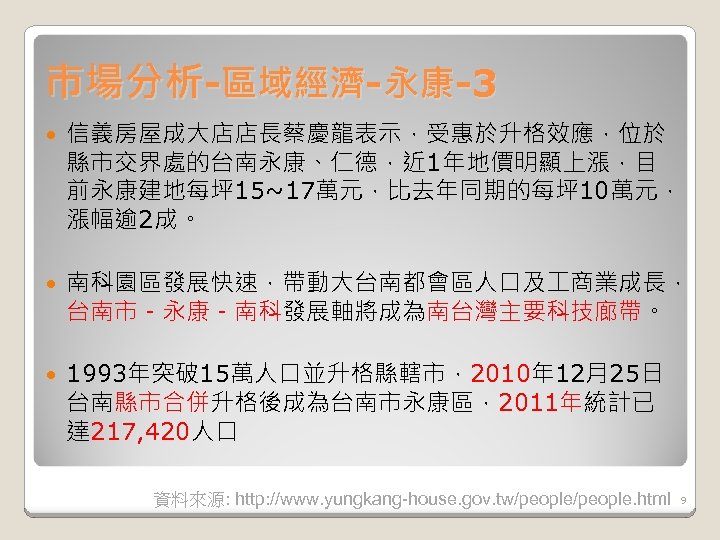 市場分析-區域經濟-永康-3 信義房屋成大店店長蔡慶龍表示，受惠於升格效應，位於 縣市交界處的台南永康、仁德，近 1年地價明顯上漲，目 前永康建地每坪 15~17萬元，比去年同期的每坪 10萬元， 漲幅逾 2成。 南科園區發展快速，帶動大台南都會區人口及 商業成長， 台南市－永康－南科發展軸將成為南台灣主要科技廊帶。 1993年突破 15萬人口並升格縣轄市，2010年