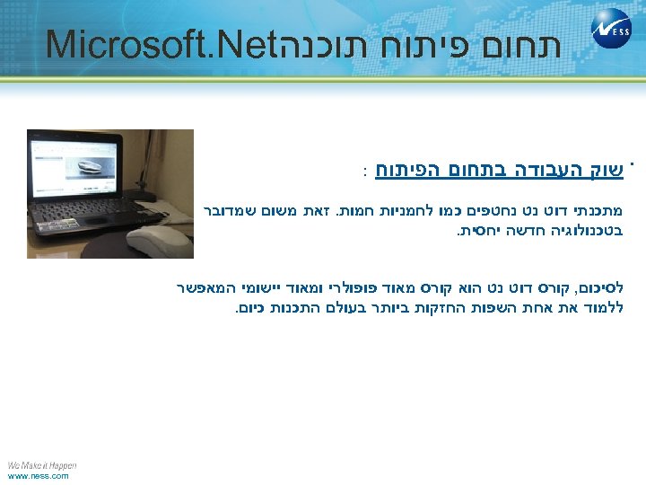  תחום פיתוח תוכנה Microsoft. Net . שוק העבודה בתחום הפיתוח : מתכנתי דוט